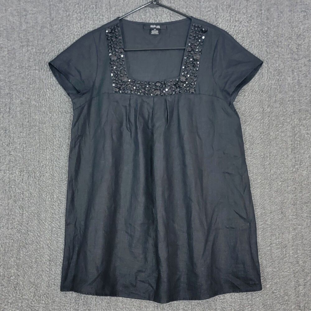 Style & Co Blouse Womens 6P Black 100% Linen Short Sleeve Embellished Tunic Top